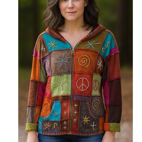 Rising International Patchwork Embroidered Hoodie Sweatshirt - Picture 1 of 7